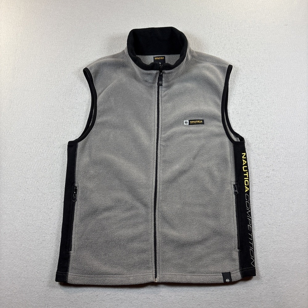 Vintage Nautica Competition Gray Fleece Full Zip Vest LARGE Made In USA